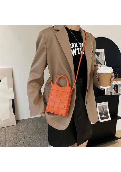 Siyah Stil Kadın Messenger Telefon Çantası Yüksek Li Pu Deri Çanta Kısa Saplı Yaz Lüks Tasarımcı Trend Omuz Çantası Mini Örgü (Yurt Dışından) indirimleri