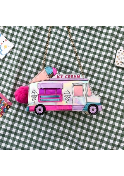 Pembe Tarzı Dondurma Araba Askılı Çanta Komik Kişilik Göz Kamaştırıcı Renk Lazer Omuzdan Askili Çanta Kadın Komik Askılı Çanta Crossbody Zincir Çanta (Yurt Dışından)
