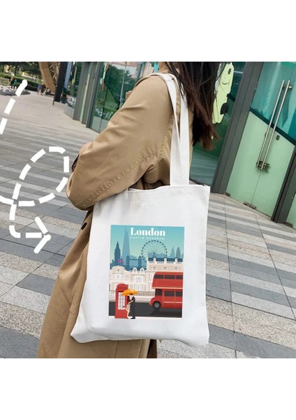 Londra2 Stili 35X40CM Şehir New York Paris Londra Dubai Madrid Moskova Amsterdam Roma Pisa Lizbon Kız Kanvas Omuz Alışveriş Çantası Alışveriş Çantası (Yurt Dışından)