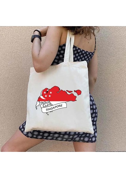 NO.188 Tarzı 35X40CM Arması Singapur Bayrağı Haritası Asya Shophouse Kalp Hatıra Gezisi Kalp Suluboya Alışveriş Kanvas Tote Çanta Eko Alışveriş Çantası (Yurt Dışından)