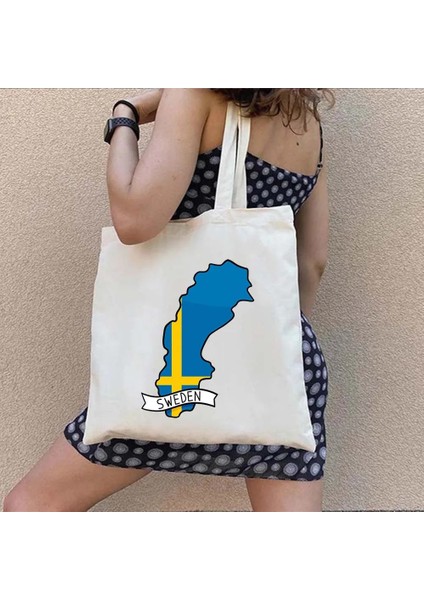 NO.113 Stili 35X40CM Avrupa Isveç Bayrağı Haritası Arması Stockholm Aşk Kalp Isveç Hatıra Simgesel Yapı Sevimli Alışveriş Kanvas Tote Çanta Shopper Çanta (Yurt Dışından)