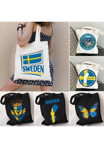 NO.113 Stili 35X40CM Avrupa Isveç Bayrağı Haritası Arması Stockholm Aşk Kalp Isveç Hatıra Simgesel Yapı Sevimli Alışveriş Kanvas Tote Çanta Shopper Çanta (Yurt Dışından) modelleri