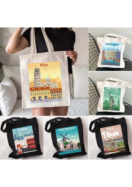 Roma Tarzı 35X40CM Şehir New York Paris Londra Dubai Madrid Moskova Amsterdam Roma Pisa Lizbon Kız Kanvas Omuz Alışveriş Çantası Alışveriş Çantası (Yurt Dışından) fiyatları