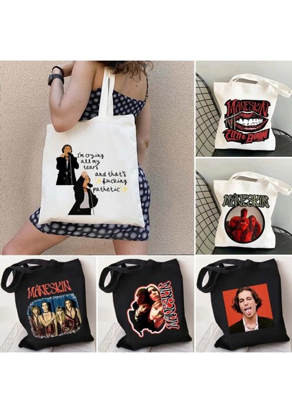 B94 Tarzı 35X40CM Maneskin Damiano David Ağız Erkek Kadın Okul Messenger Alışveriş Bez Çantalar Büyük Kapasiteli Rahat Kanvas Omuz Kadın Çanta (Yurt Dışından) fiyatları