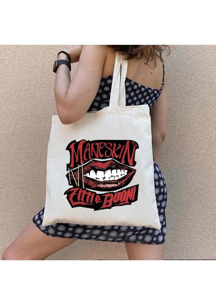 B94 Tarzı 35X40CM Maneskin Damiano David Ağız Erkek Kadın Okul Messenger Alışveriş Bez Çantalar Büyük Kapasiteli Rahat Kanvas Omuz Kadın Çanta (Yurt Dışından) indirimleri