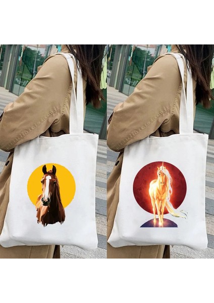 NO.108 Tarzı 35X40CM Vahşi Ruh Sevimli Hayvan At Gün Batımı Atlar Portre Gökyüzü Kadın Kanvas Bez Çantalar Shopper Omuz Alışveriş Pamuk Bayan Çanta (Yurt Dışından)