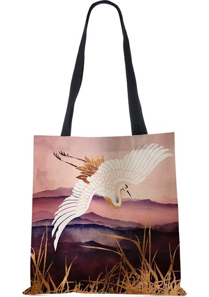 No.6 Stili Japon Ukiyoe Tasarım Nedensel Kadın Çanta Vinç Tasarımcı Tote Çanta Eko Yeniden Kullanılabilir Omuz Alışveriş Çantaları Bakkaliye (Yurt Dışından)