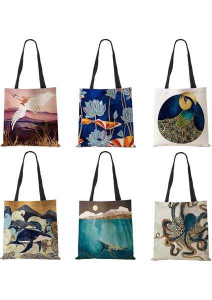 No.6 Stili Japon Ukiyoe Tasarım Nedensel Kadın Çanta Vinç Tasarımcı Tote Çanta Eko Yeniden Kullanılabilir Omuz Alışveriş Çantaları Bakkaliye (Yurt Dışından) fiyatları