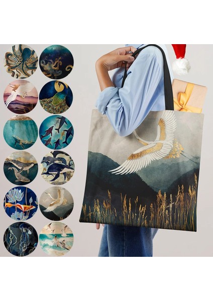 No.6 Stili Japon Ukiyoe Tasarım Nedensel Kadın Çanta Vinç Tasarımcı Tote Çanta Eko Yeniden Kullanılabilir Omuz Alışveriş Çantaları Bakkaliye (Yurt Dışından) modelleri