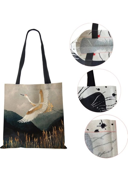 No.6 Stili Japon Ukiyoe Tasarım Nedensel Kadın Çanta Vinç Tasarımcı Tote Çanta Eko Yeniden Kullanılabilir Omuz Alışveriş Çantaları Bakkaliye (Yurt Dışından) indirimleri