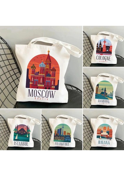 No.29 Stili 35X40CM Moskova Hamburg Istanbul Havana Rijeka Zagreb Medellin Köln Frankfurt Kadın Shopper Messenger Omuz Kanvas El Çantası Tote (Yurt Dışından) fiyatları