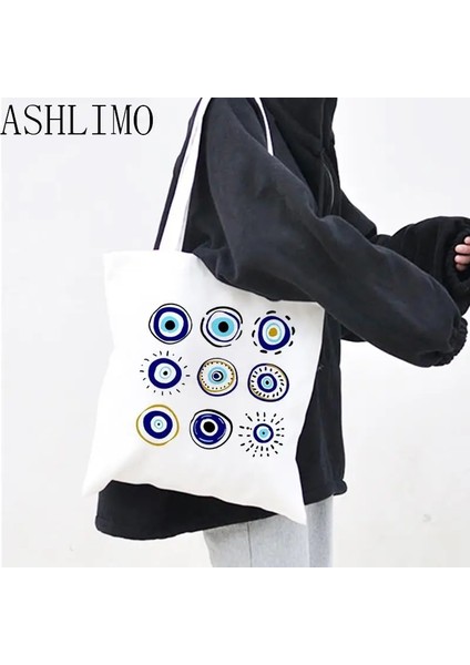 D587 Tarzı Omuz Çantası Tote Çanta Türk Mavi Nazar Büyük Kapasiteli Kadın Rahat Alışveriş Kanvas Çanta Moda Depolama Öğrenci Sırt Çantası (Yurt Dışından) fırsatları