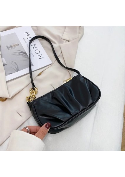 Siyah Stil Kadın Çantası Retro Kadın Pilili Kalın Zincir Saf Renk Omuz Koltukaltı Çantası Rahat Bayanlar Küçük Çanta Çanta Bolsa Feminina (Yurt Dışından)