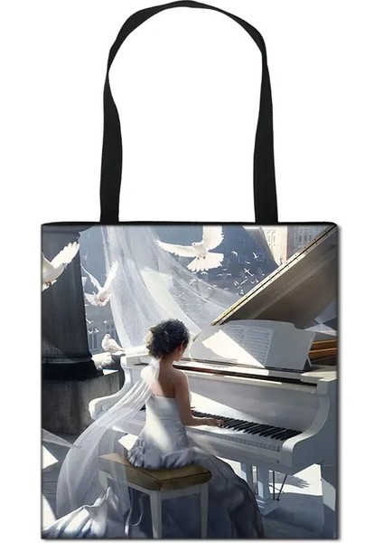 STDMUSICP07 Tarzı 34CMX34CM Piyano Müzik Notu Baskı Tote Çanta Moda Kadın Çanta Kız Omuz Saklama Torbaları Seyahat Bayanlar Için Büyük Kapasiteli Alışveriş Çantası (Yurt Dışından)