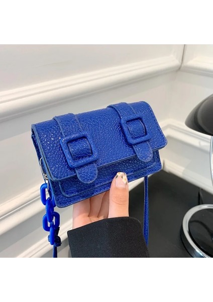 Mavi Stil Mini Küçük Askılı Çanta Kadın Kız Zincir Çanta Pu Deri Tasarım Çantalar Bayanlar Retro Kemer Tokası Crossbody Çanta (Yurt Dışından)