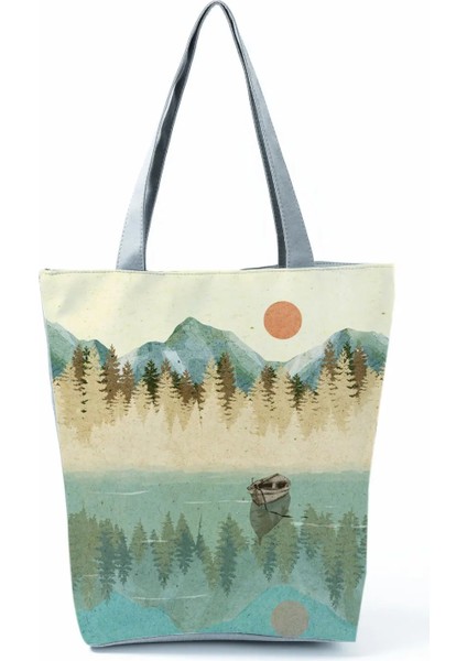 HL3103 Tarzı Yağlıboya Dağ Orman Baskılı Casual Tote Çanta Shopper Alışveriş Çantası Kadın Bayanlar Eğlence Omuz Çantası Plaj Seyahat Çantası (Yurt Dışından)