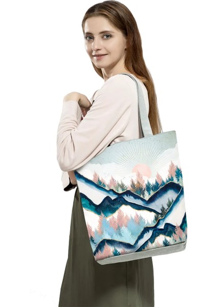 HL3103 Tarzı Yağlıboya Dağ Orman Baskılı Casual Tote Çanta Shopper Alışveriş Çantası Kadın Bayanlar Eğlence Omuz Çantası Plaj Seyahat Çantası (Yurt Dışından) indirimleri