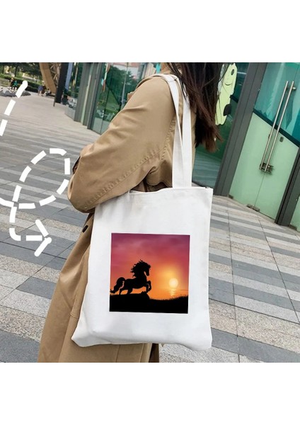 NO.103 Tarzı 35X40CM Vahşi Ruh Sevimli Hayvan At Gün Batımı Atlar Portre Gökyüzü Kadın Kanvas Bez Çantalar Shopper Omuz Alışveriş Pamuk Bayan Çanta (Yurt Dışından)