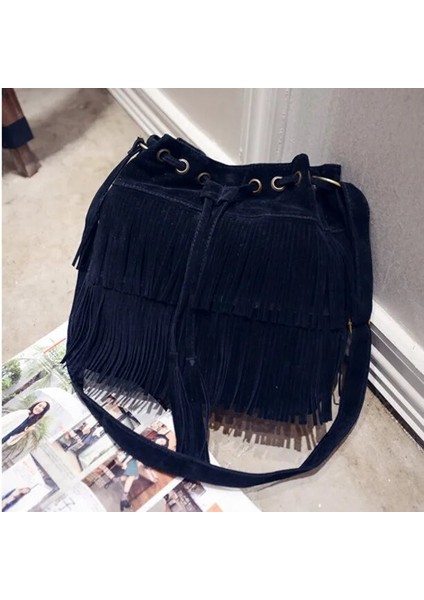 Siyah Stil Moda Retro Sahte Süet Saçak Kadın Postacı Çantası Tote Yeni Çanta Püskül Omuz Çanta Crossbody Çanta Püskül Kova (Yurt Dışından)