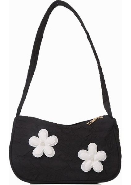 Siyah Stil 22X8X13CM Çiçek Rahat Tote Çanta Zarif Kadın Koltukaltı Çanta Bayanlar Moda Omuz Çanta Lolita Çiçek Pileli Çanta Tasarım Çanta (Yurt Dışından)