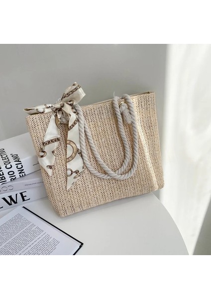 Bej Tarzı 33X6,5X25CM Basit ve Büyük Kapasiteli Hasır Dokuma Çanta Moda Ipek Eşarp Kadın Omuz Çantası Trendy Dokuma Fermuar Çanta Kadınlar Için (Yurt Dışından)