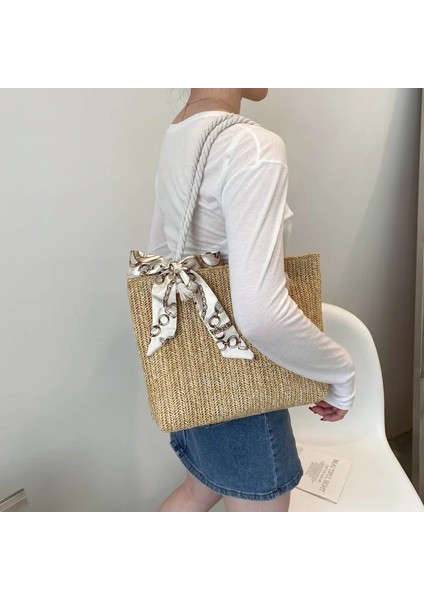 Bej Tarzı 33X6,5X25CM Basit ve Büyük Kapasiteli Hasır Dokuma Çanta Moda Ipek Eşarp Kadın Omuz Çantası Trendy Dokuma Fermuar Çanta Kadınlar Için (Yurt Dışından) fiyatları