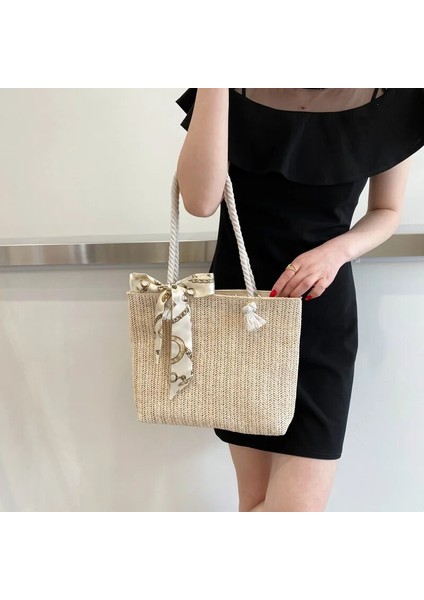 Bej Tarzı 33X6,5X25CM Basit ve Büyük Kapasiteli Hasır Dokuma Çanta Moda Ipek Eşarp Kadın Omuz Çantası Trendy Dokuma Fermuar Çanta Kadınlar Için (Yurt Dışından) fırsatları