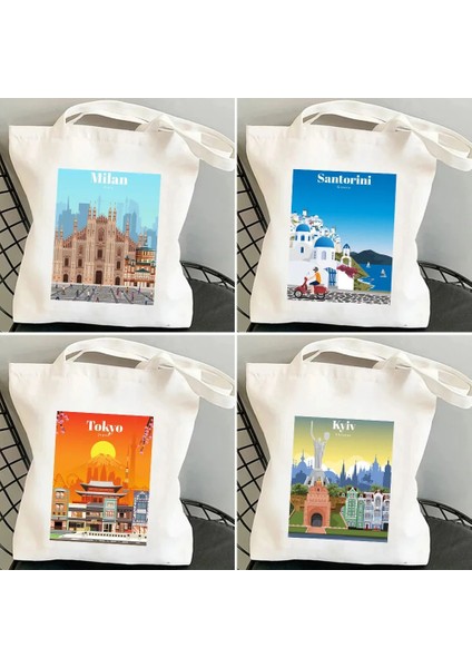 No.77 Tarzı 35X40CM Kiev Ukrayna Milan Rio De Janeiro San Diego Santorini Yunanistan Sidney Tokyo Kadın Kanvas Omuz Pamuk Tote Çanta Alışveriş Çantası (Yurt Dışından) fiyatları