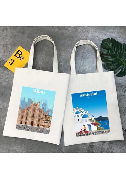 No.77 Tarzı 35X40CM Kiev Ukrayna Milan Rio De Janeiro San Diego Santorini Yunanistan Sidney Tokyo Kadın Kanvas Omuz Pamuk Tote Çanta Alışveriş Çantası (Yurt Dışından) modelleri