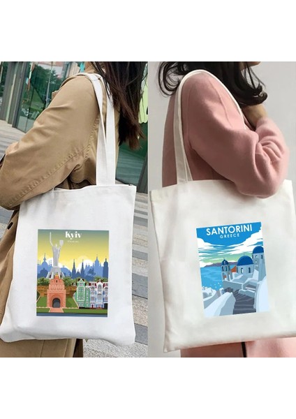 No.77 Tarzı 35X40CM Kiev Ukrayna Milan Rio De Janeiro San Diego Santorini Yunanistan Sidney Tokyo Kadın Kanvas Omuz Pamuk Tote Çanta Alışveriş Çantası (Yurt Dışından) indirimleri