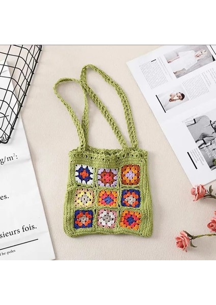 Yeşil Stil Kadın Boho Dokuma Tote Yaz Plaj Çanta Çiçek El Yapımı Dokuma Omuz Çantaları El Tığ Işi Çanta Çiçek Dikiş Alışveriş Çantası (Yurt Dışından)