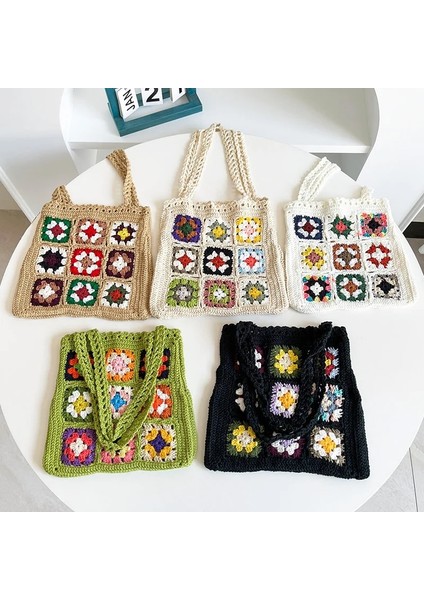 Yeşil Stil Kadın Boho Dokuma Tote Yaz Plaj Çanta Çiçek El Yapımı Dokuma Omuz Çantaları El Tığ Işi Çanta Çiçek Dikiş Alışveriş Çantası (Yurt Dışından) fiyatları