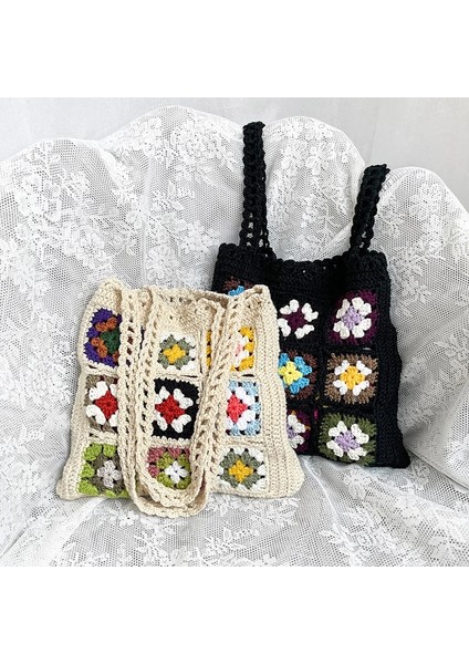 Yeşil Stil Kadın Boho Dokuma Tote Yaz Plaj Çanta Çiçek El Yapımı Dokuma Omuz Çantaları El Tığ Işi Çanta Çiçek Dikiş Alışveriş Çantası (Yurt Dışından) modelleri