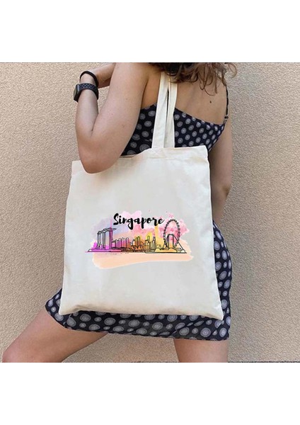 NO.186 Stili 35X40CM Arması Singapur Bayrağı Haritası Asya Shophouse Kalp Hatıra Gezisi Kalp Suluboya Alışveriş Kanvas Tote Çanta Eko Alışveriş Çantası (Yurt Dışından)