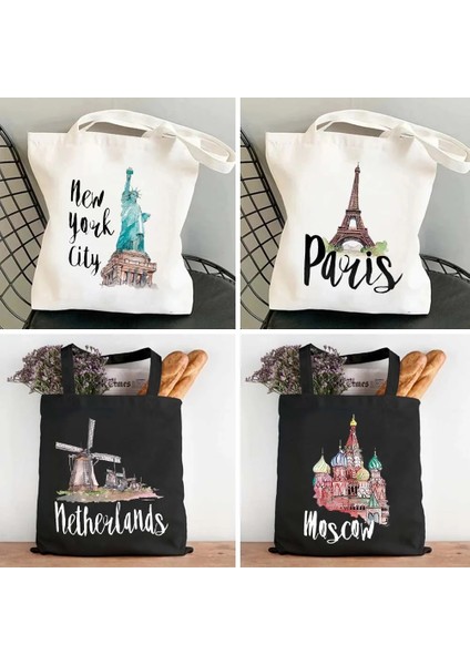 W162 Tarzı 35X40CM New York Amsterdam Tac Mahal Moskova Paris Milan Mektup Baskı Şehir Kadın Kanvas Omuz Tote Çanta Pamuk Eko Alışveriş Çantaları (Yurt Dışından) fiyatları