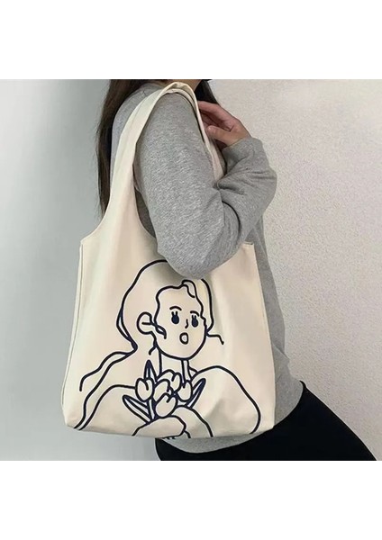 Bej Tarzı Edebi ve Gündelik Kanvas Çanta, Ağzı Açık Kadın Tote Kızların Omuz Çapraz Askılı Çantası, Basit, Büyük Kapasiteli El Çantası (Yurt Dışından)