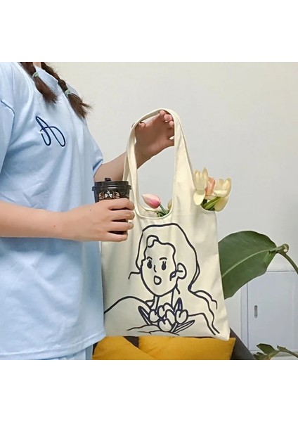 Bej Tarzı Edebi ve Gündelik Kanvas Çanta, Ağzı Açık Kadın Tote Kızların Omuz Çapraz Askılı Çantası, Basit, Büyük Kapasiteli El Çantası (Yurt Dışından) modelleri