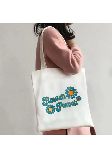W36 Tarzı 35X40CM Mutlu Papatya Çiçek Retro Vintage Hippi Bahçe Stay Groovy Kadın Kanvas Omuz Pamuk Tote Çanta Shopper Alışveriş Çantası (Yurt Dışından)