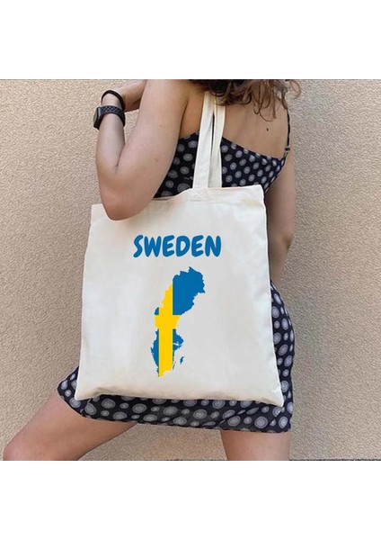 NO.106 Stili 35X40CM Avrupa Isveç Bayrağı Haritası Arması Stockholm Aşk Kalp Isveç Hatıra Simgesel Yapı Sevimli Alışveriş Kanvas Tote Çanta Shopper Çanta (Yurt Dışından)