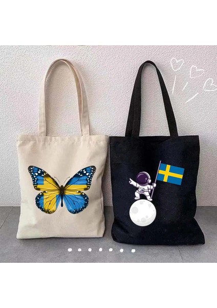 NO.106 Stili 35X40CM Avrupa Isveç Bayrağı Haritası Arması Stockholm Aşk Kalp Isveç Hatıra Simgesel Yapı Sevimli Alışveriş Kanvas Tote Çanta Shopper Çanta (Yurt Dışından) fırsatları