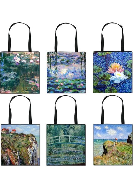 No.6 Stili 40X25CM Vintage Boyama Nilüfer Lotus Baskı Tote Çanta Monet Kadın Çanta Bayanlar Tuval Seyahat Omuz Çantası Taşınabilir Alışveriş Çantaları (Yurt Dışından) modelleri