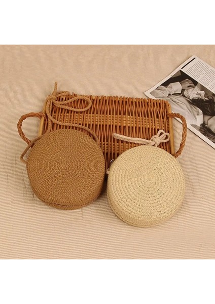 Mavi Stil Yuvarlak Hasır Çanta Kadın Dokuma Plaj Crossbody Çanta Bayanlar Için Sevimli Omuz Rattan El Yapımı Örme Şeker Renk Küçük Çanta (Yurt Dışından) fırsatları