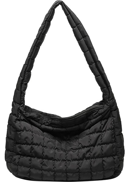 Siyah Stil Büyük Kapasiteli Kafes Desen Omuz Çantası Uzay Pamuk Çanta Kadın Bez Çantalar Tüy Yastıklı Bayanlar Kapitone Alışveriş Çantası (Yurt Dışından)