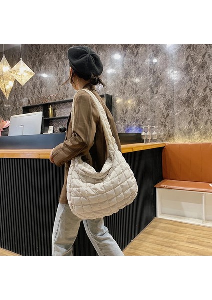 Siyah Stil Büyük Kapasiteli Kafes Desen Omuz Çantası Uzay Pamuk Çanta Kadın Bez Çantalar Tüy Yastıklı Bayanlar Kapitone Alışveriş Çantası (Yurt Dışından) indirimleri