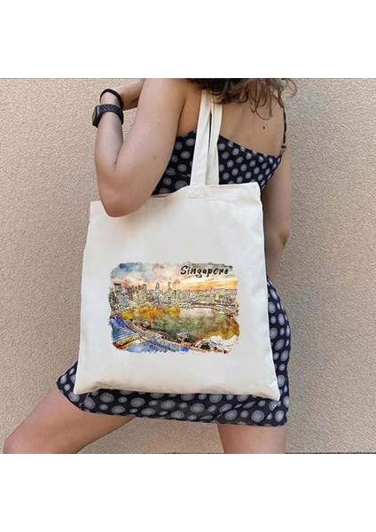 NO.191 Stili 35X40CM Arması Singapur Bayrağı Haritası Asya Shophouse Kalp Hatıra Gezisi Kalp Suluboya Alışveriş Kanvas Tote Çanta Eko Alışveriş Çantası (Yurt Dışından)