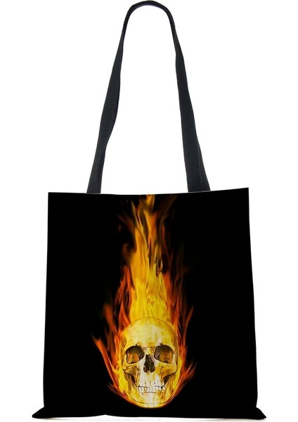 No.13 Tarzı Çiçek Kafatası Baskı Keten Tote Çanta Yeniden Kullanılabilir Omuz Çantaları Katlanır Kadın Rahat Çanta Bayan Kumaş Tote (Yurt Dışından)