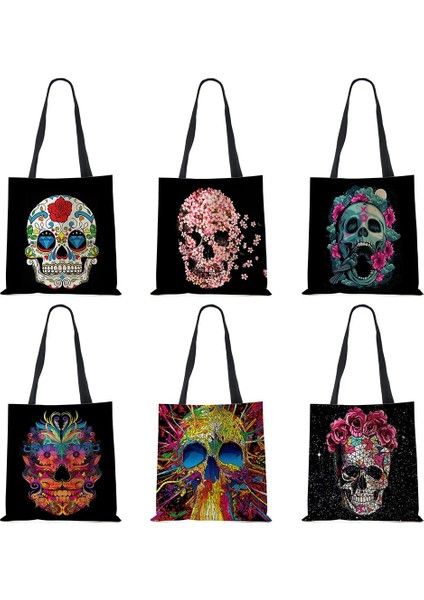 No.13 Tarzı Çiçek Kafatası Baskı Keten Tote Çanta Yeniden Kullanılabilir Omuz Çantaları Katlanır Kadın Rahat Çanta Bayan Kumaş Tote (Yurt Dışından) fiyatları