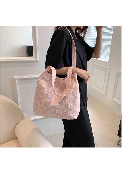 Pembe Tarzı Kadın Çiçek Kanvas Postacı Çanta Tasarımcısı Çanta Bayanlar Katı Büyük Kapasiteli Omuz Çantaları Rahat Kadın Alışveriş Çantası (Yurt Dışından)