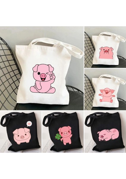 W80 Tarzı 35X40CM Kawaii Güzel Pembe Domuz Sevimli Hayvan Aşk Kalp Kadın Alışveriş Kanvas Omuzdan Askili Çanta Saklama Çanta Katlanabilir Bakkal Pamuk Tote (Yurt Dışından) fiyatları