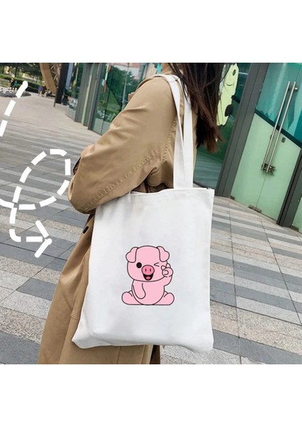 W80 Tarzı 35X40CM Kawaii Güzel Pembe Domuz Sevimli Hayvan Aşk Kalp Kadın Alışveriş Kanvas Omuzdan Askili Çanta Saklama Çanta Katlanabilir Bakkal Pamuk Tote (Yurt Dışından) indirimleri